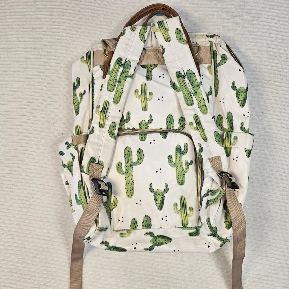 Cactus Print Diaper Bag Backpack White Green Desert Succulent Travel Bag
